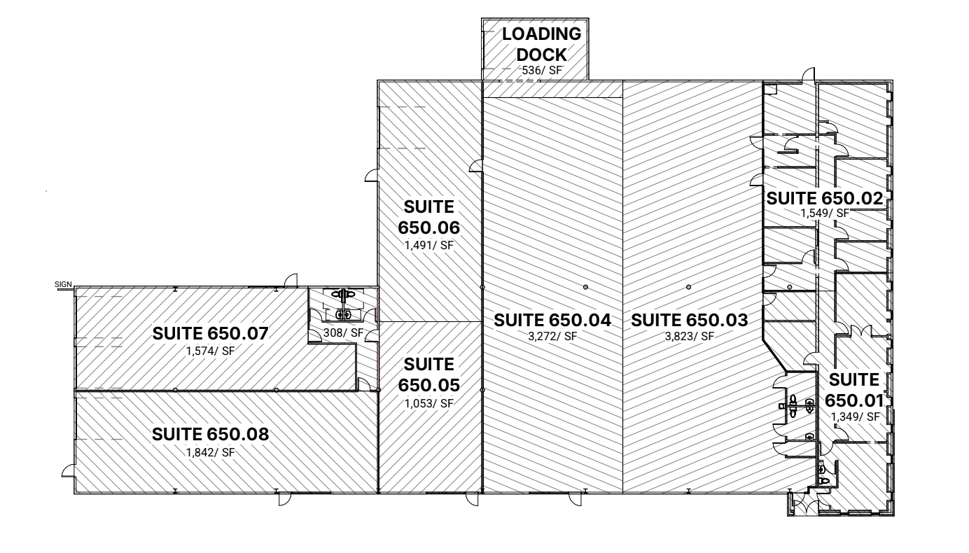 Industry 650 main building floor plan with suites 650.01 through 650.08