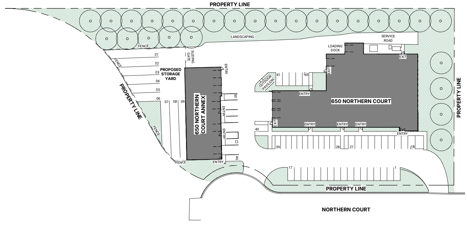 Industry 650 site plan showing main building, annex, parking, and storage yard
